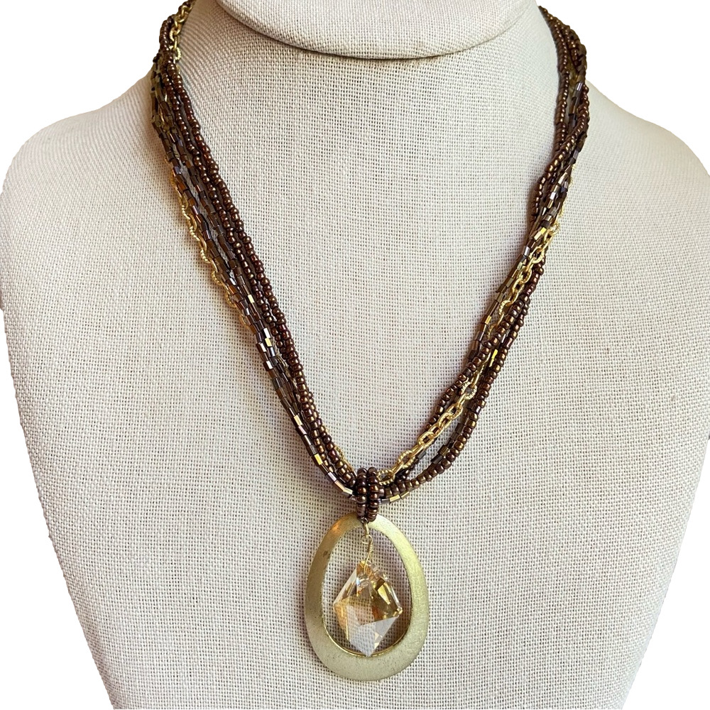 Coldwater Creek pendant necklace bronze seed and bugle beads with goldtone chain
